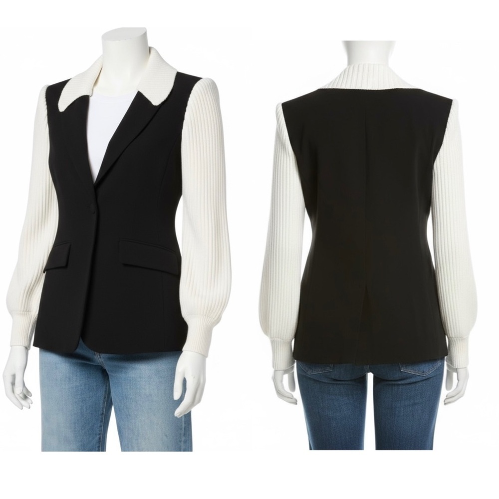 Cinq A Sept Women’s Cheyenne Knit Combo Tailored Black and Ivory Blazer Size 8 - Picture 8 of 12